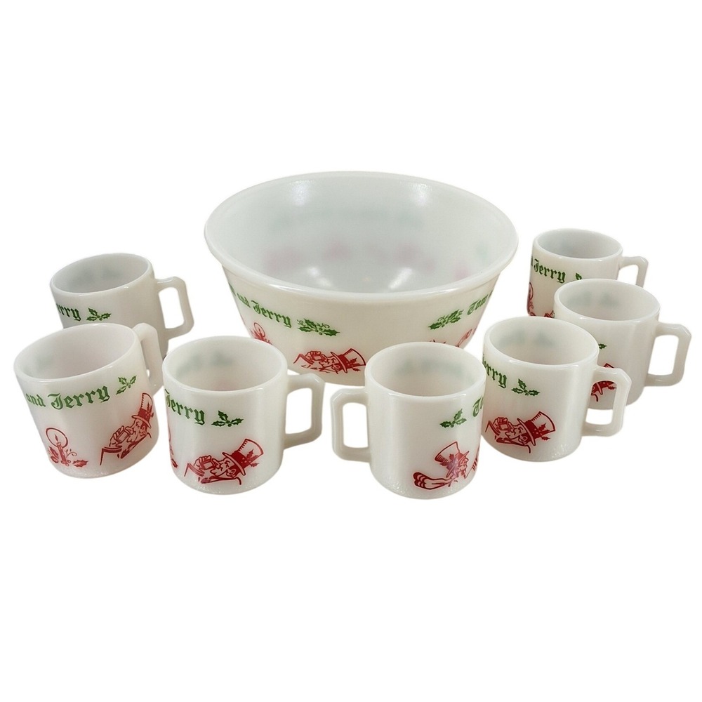 Vintage Fire-King‎ Tom and Jerry Punch Bowl Set - 6 Mugs Milk Glass Holiday